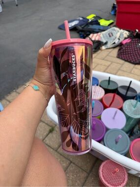 Starbucks Iridescent Pink Floral Cold Cup with Straw